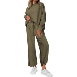 PRETTYGARDEN Womens 2025 Fall 2 Piece Outfits Long Sleeve Pullover Tops Wide Leg Pants Matching Lounge Sets Fashion Clothing(Army Green)