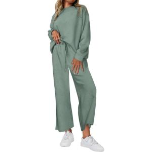 PRETTYGARDEN Womens 2025 Fall 2 Piece Outfits Long Sleeve Pullover Tops Wide Leg Pants Matching Lounge Sets Fashion Clothing(Bean Green)