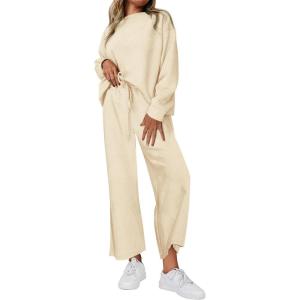 PRETTYGARDEN Womens 2025 Fall 2 Piece Outfits Long Sleeve Pullover Tops Wide Leg Pants Matching Lounge Sets Fashion Clothing(Beige)
