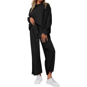 PRETTYGARDEN Womens 2025 Fall 2 Piece Outfits Long Sleeve Pullover Tops Wide Leg Pants Matching Lounge Sets Fashion Clothing(Black)