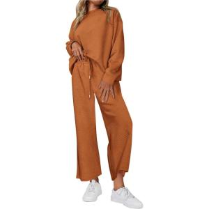 PRETTYGARDEN Womens 2025 Fall 2 Piece Outfits Long Sleeve Pullover Tops Wide Leg Pants Matching Lounge Sets Fashion Clothing(Brown Orange)
