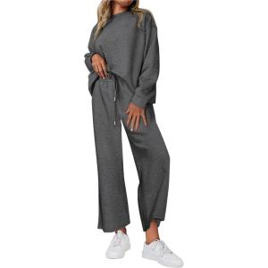 PRETTYGARDEN Womens 2025 Fall 2 Piece Outfits Long Sleeve Pullover Tops Wide Leg Pants Matching Lounge Sets Fashion Clothing(Grey)