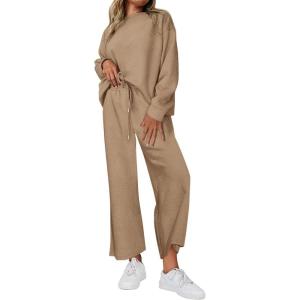 PRETTYGARDEN Womens 2025 Fall 2 Piece Outfits Long Sleeve Pullover Tops Wide Leg Pants Matching Lounge Sets Fashion Clothing(Khaki)