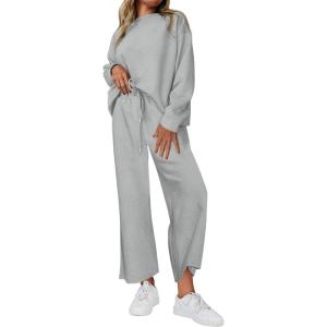 PRETTYGARDEN Womens 2025 Fall 2 Piece Outfits Long Sleeve Pullover Tops Wide Leg Pants Matching Lounge Sets Fashion Clothing(Light Grey)