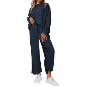 PRETTYGARDEN Womens 2025 Fall 2 Piece Outfits Long Sleeve Pullover Tops Wide Leg Pants Matching Lounge Sets Fashion Clothing(Navy)