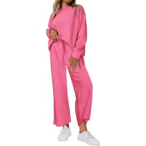 PRETTYGARDEN Womens 2025 Fall 2 Piece Outfits Long Sleeve Pullover Tops Wide Leg Pants Matching Lounge Sets Fashion Clothing(Pink)