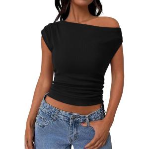 PRETTYGARDEN Womens 2025 Summer Off The Shoulder Crop Cute Tops Sleeveless One Shoulder Ruched Y2K Going Out Tank Top(Black)