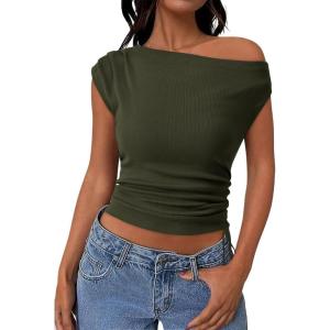 PRETTYGARDEN Womens 2025 Summer Off The Shoulder Crop Cute Tops Sleeveless One Shoulder Ruched Y2K Going Out Tank Top(Dark Army Green)