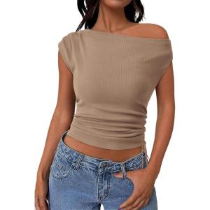 PRETTYGARDEN Womens 2025 Summer Off The Shoulder Crop Cute Tops Sleeveless One Shoulder Ruched Y2K Going Out Tank Top(Khaki)