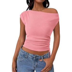PRETTYGARDEN Womens 2025 Summer Off The Shoulder Crop Cute Tops Sleeveless One Shoulder Ruched Y2K Going Out Tank Top(Pink)