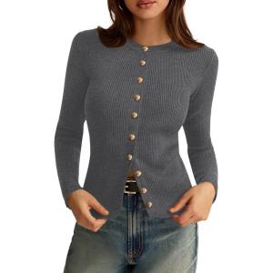 PRETTYGARDEN Womens 2026 Fall Cardigan Sweaters Lightweight Long Sleeve Button up Ribbed Knit Tops Winter Fashion Clothes(Grey)