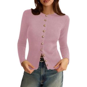 PRETTYGARDEN Womens 2026 Fall Cardigan Sweaters Lightweight Long Sleeve Button up Ribbed Knit Tops Winter Fashion Clothes(Pink)