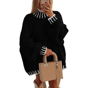 PRETTYGARDEN Women’s 2026 Fall Oversized Pullover Sweaters Long Sleeve Mock Neck Chunky Knit Jumper Tops Winter Clothing(Black)
