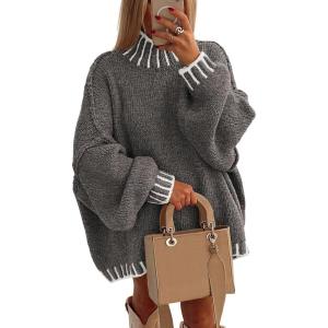 PRETTYGARDEN Women’s 2026 Fall Oversized Pullover Sweaters Long Sleeve Mock Neck Chunky Knit Jumper Tops Winter Clothing(Grey)