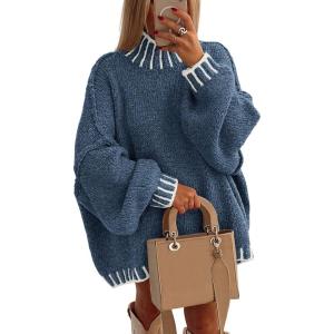 PRETTYGARDEN Women’s 2026 Fall Oversized Pullover Sweaters Long Sleeve Mock Neck Chunky Knit Jumper Tops Winter Clothing(Grey Blue)