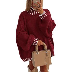PRETTYGARDEN Women’s 2026 Fall Oversized Pullover Sweaters Long Sleeve Mock Neck Chunky Knit Jumper Tops Winter Clothing(Wine Red)