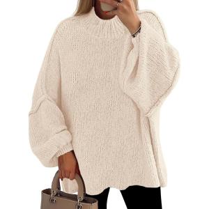 PRETTYGARDEN Women’s 2026 Fall Oversized Sweaters Chunky Knit Mock Neck Long Sleeve Casual Trendy Pullover Winter Clothes(Beige)