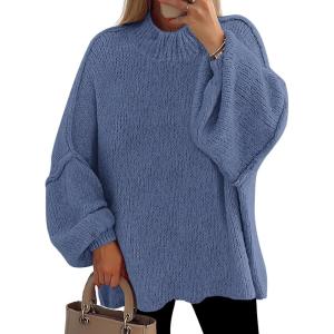 PRETTYGARDEN Women’s 2026 Fall Oversized Sweaters Chunky Knit Mock Neck Long Sleeve Casual Trendy Pullover Winter Clothes(Blue)