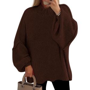 PRETTYGARDEN Women’s 2026 Fall Oversized Sweaters Chunky Knit Mock Neck Long Sleeve Casual Trendy Pullover Winter Clothes(Brown)
