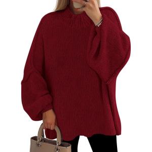 PRETTYGARDEN Women’s 2026 Fall Oversized Sweaters Chunky Knit Mock Neck Long Sleeve Casual Trendy Pullover Winter Clothes(Burgundy)