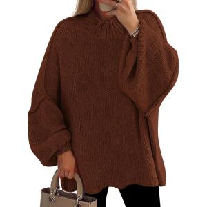 PRETTYGARDEN Women’s 2026 Fall Oversized Sweaters Chunky Knit Mock Neck Long Sleeve Casual Trendy Pullover Winter Clothes(Caramel)