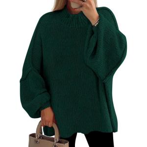 PRETTYGARDEN Women’s 2026 Fall Oversized Sweaters Chunky Knit Mock Neck Long Sleeve Casual Trendy Pullover Winter Clothes(Dark Green)