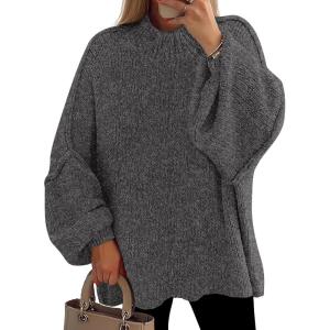 PRETTYGARDEN Women’s 2026 Fall Oversized Sweaters Chunky Knit Mock Neck Long Sleeve Casual Trendy Pullover Winter Clothes(Grey)