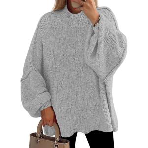 PRETTYGARDEN Women’s 2026 Fall Oversized Sweaters Chunky Knit Mock Neck Long Sleeve Casual Trendy Pullover Winter Clothes(Light Grey)
