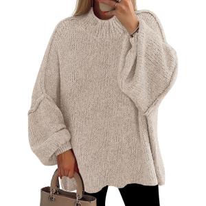 PRETTYGARDEN Women’s 2026 Fall Oversized Sweaters Chunky Knit Mock Neck Long Sleeve Casual Trendy Pullover Winter Clothes(Light Khaki)