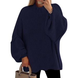 PRETTYGARDEN Women’s 2026 Fall Oversized Sweaters Chunky Knit Mock Neck Long Sleeve Casual Trendy Pullover Winter Clothes(Navy Blue)