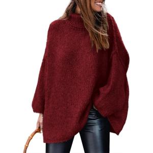PRETTYGARDEN Women’s 2026 Fall Turtleneck Oversized Sweaters Long Sleeve Chunky Knit Pullover Tops Winter Fashion Clothes(Wine Red)