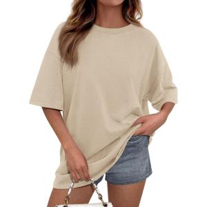PRETTYGARDEN Women’s 2026 Spring Going Out Tops Casual Short Sleeve Crewneck Loose Fit Basic Cute Tee Shirts Summer Outfits(Apricot)