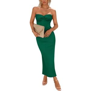 PRETTYGARDEN Women’s 2026 Summer Bodycon Maxi Dress Strapless Tube Twist Knot Front Ribbed Knit Slit Cocktail Party Dresses(Green)