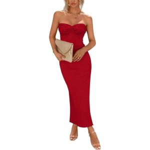 PRETTYGARDEN Women’s 2026 Summer Bodycon Maxi Dress Strapless Tube Twist Knot Front Ribbed Knit Slit Cocktail Party Dresses(Red)
