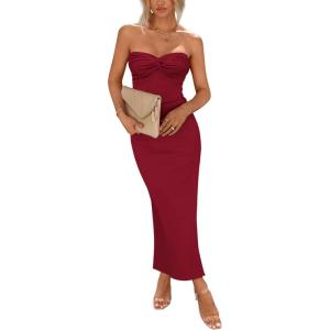PRETTYGARDEN Women’s 2026 Summer Bodycon Maxi Dress Strapless Tube Twist Knot Front Ribbed Knit Slit Cocktail Party Dresses(Wine Red)