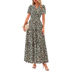 PRETTYGARDEN Women’s 2026 Summer Boho Maxi Dresses Floral Short Sleeve V Neck A Line Tiered Flowy Long Beach Vacation Dress(Black)