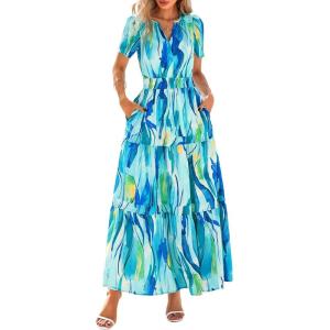 PRETTYGARDEN Women’s 2026 Summer Boho Maxi Dresses Floral Short Sleeve V Neck A Line Tiered Flowy Long Beach Vacation Dress(Blue)