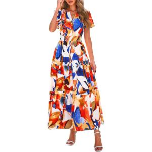PRETTYGARDEN Women’s 2026 Summer Boho Maxi Dresses Floral Short Sleeve V Neck A Line Tiered Flowy Long Beach Vacation Dress(Blue Watercolour)