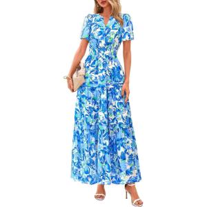 PRETTYGARDEN Women’s 2026 Summer Boho Maxi Dresses Floral Short Sleeve V Neck A Line Tiered Flowy Long Beach Vacation Dress(Floral Blue)