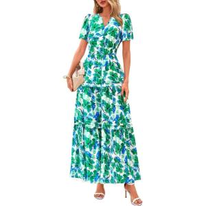 PRETTYGARDEN Women’s 2026 Summer Boho Maxi Dresses Floral Short Sleeve V Neck A Line Tiered Flowy Long Beach Vacation Dress(Floral Green)