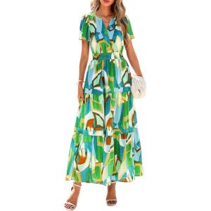 PRETTYGARDEN Women’s 2026 Summer Boho Maxi Dresses Floral Short Sleeve V Neck A Line Tiered Flowy Long Beach Vacation Dress(Green)