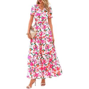 PRETTYGARDEN Women’s 2026 Summer Boho Maxi Dresses Floral Short Sleeve V Neck A Line Tiered Flowy Long Beach Vacation Dress(Green Pink Floral)