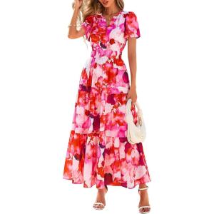 PRETTYGARDEN Women’s 2026 Summer Boho Maxi Dresses Floral Short Sleeve V Neck A Line Tiered Flowy Long Beach Vacation Dress(Red)
