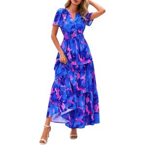 PRETTYGARDEN Women’s 2026 Summer Boho Maxi Dresses Floral Short Sleeve V Neck A Line Tiered Flowy Long Beach Vacation Dress(Royal Blue)