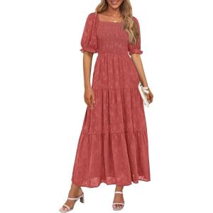 PRETTYGARDEN Women’s 2026 Summer Casual Midi Dresses Square Neck Short Sleeve Smocked A Line Floral Flowy Elegant Boho Dress(Bean Paste Red)