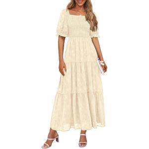 PRETTYGARDEN Women’s 2026 Summer Casual Midi Dresses Square Neck Short Sleeve Smocked A Line Floral Flowy Elegant Boho Dress(Beige)