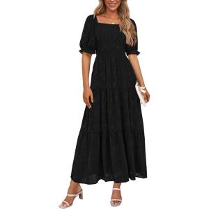 PRETTYGARDEN Women’s 2026 Summer Casual Midi Dresses Square Neck Short Sleeve Smocked A Line Floral Flowy Elegant Boho Dress(Black)