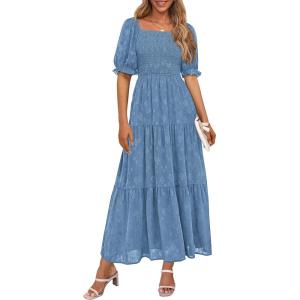 PRETTYGARDEN Women’s 2026 Summer Casual Midi Dresses Square Neck Short Sleeve Smocked A Line Floral Flowy Elegant Boho Dress(Blue)