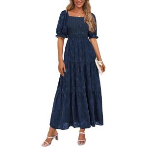 PRETTYGARDEN Women’s 2026 Summer Casual Midi Dresses Square Neck Short Sleeve Smocked A Line Floral Flowy Elegant Boho Dress(Dark Blue)