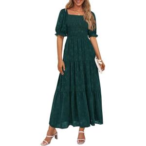 PRETTYGARDEN Women’s 2026 Summer Casual Midi Dresses Square Neck Short Sleeve Smocked A Line Floral Flowy Elegant Boho Dress(Malachite Green)
